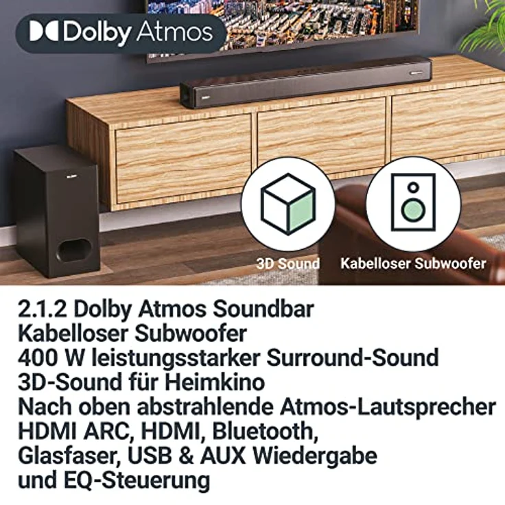 MAJORITY Dolby Atmos 2.1.2 Soundbar mit Subwoofer 400 Watt, HDMI ARC, Bluetooth Soundbar für TV Geräte, Dolby Atmos Soundsystem, Kabelloser Subwoofer 3D Audio Lautsprecher, Optical, AUX Sierra Plus – Bild 2