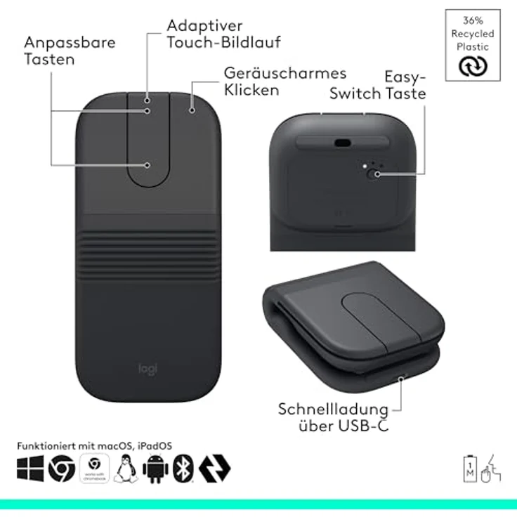Logitech Mobi Fold for Business, kabellose Bluetooth-Maus mit 4 Tasten, Graphitfarben – Bild 2