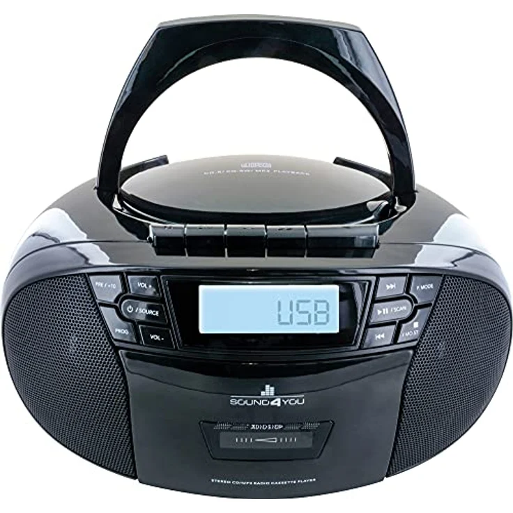SCHWAIGER 658026 CD-Player mit Kassette und Radio MP3 USB Anschluss FM Radio AUX Kopfhörer Boombox Netz- und Batteriebetrieb Display tragbar schwarz – Bild 5
