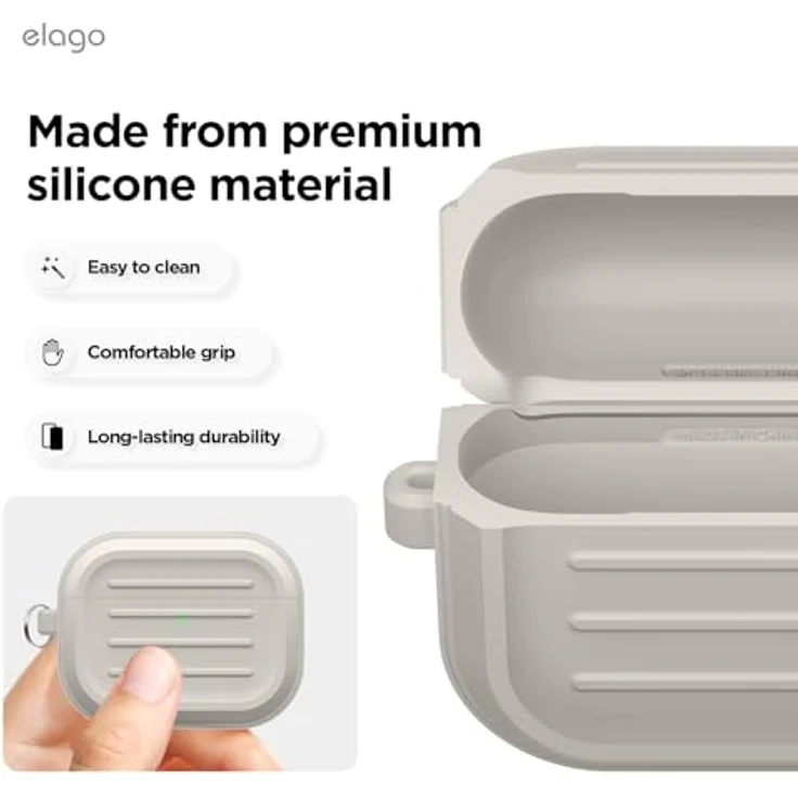 elago Armor Hülle für AirPods Pro 3, mit Karabiner, kabelloses Laden, stoßfest, Vollschutz, Taupe – Bild 4