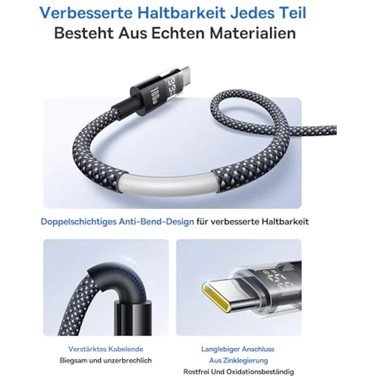 Baseus 100W USB C auf USB C Kabel, 1m PD Schnellladekabel mit LED Display, QC 4.0, kompatibel mit iPhone 16/15/14/13/12 Pro, Samsung Galaxy S25/S24/S23/S22 Ultra, MacBook, iPad Pro – Bild 4