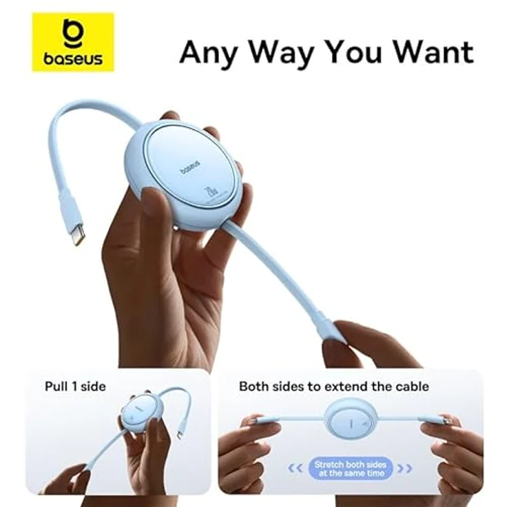 Baseus Free2Pull Aufrollbares USB-C/Lightning Kabel, 20W, 1m, Blau - Einziehbares Design, Hochgeschwindigkeits-Datenübertragung, Robuste Konstruktion – Bild 3