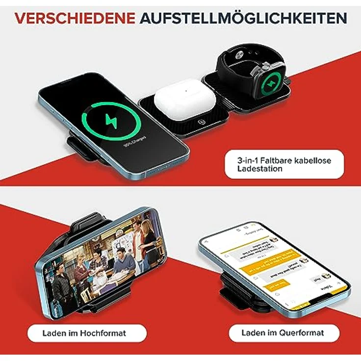 CANYON Faltbar 3 in 1 Ladestation Apple Watch und iPhone Airpods mit Reisetasche Wireless Charger 3 in 1 für iPhone 14/13/12/11/XR/XS/X/8 Apple iWatch 8/6/5/4/3/2/SE/Airpods Pro/3/2 Reiseladegerät, Schwarz – Bild 2
