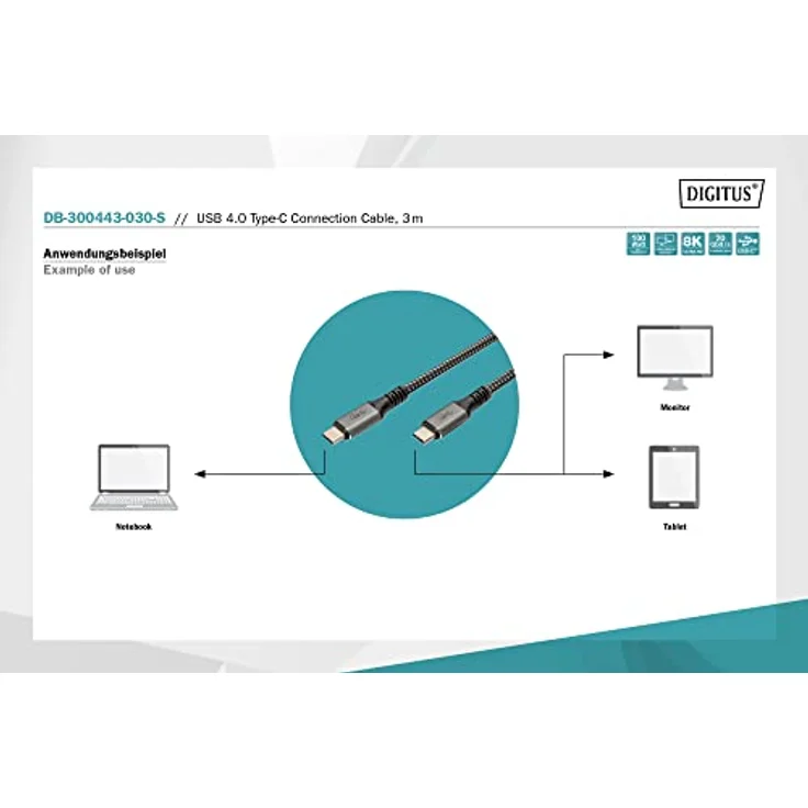 DIGITUS USB-C Anschlusskabel - USB 4.0 - Power Delivery 3.0-20 Gbit/s - 4k/60Hz - 3m - Schwarz – Bild 3