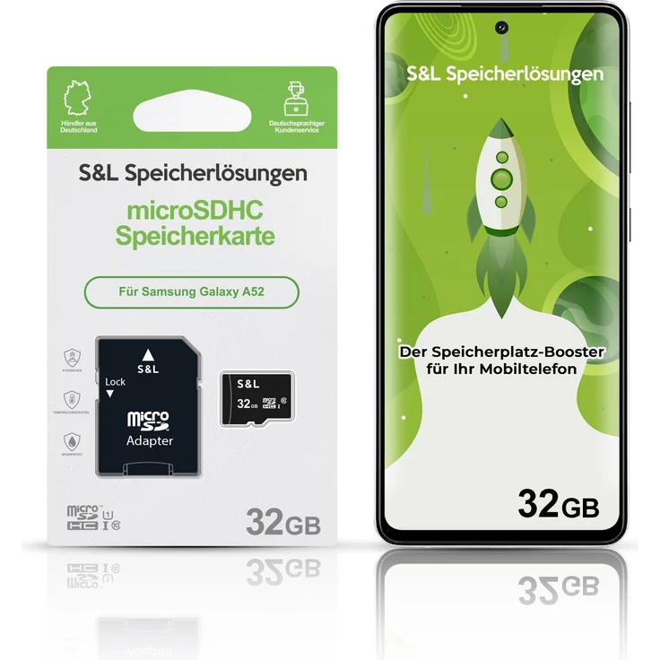 S&L microSD Speicherkarte 32GB für Samsung Galaxy A52, Class 10 U1, stoßsicher, wasserdicht, hohe Lesegeschwindigkeit