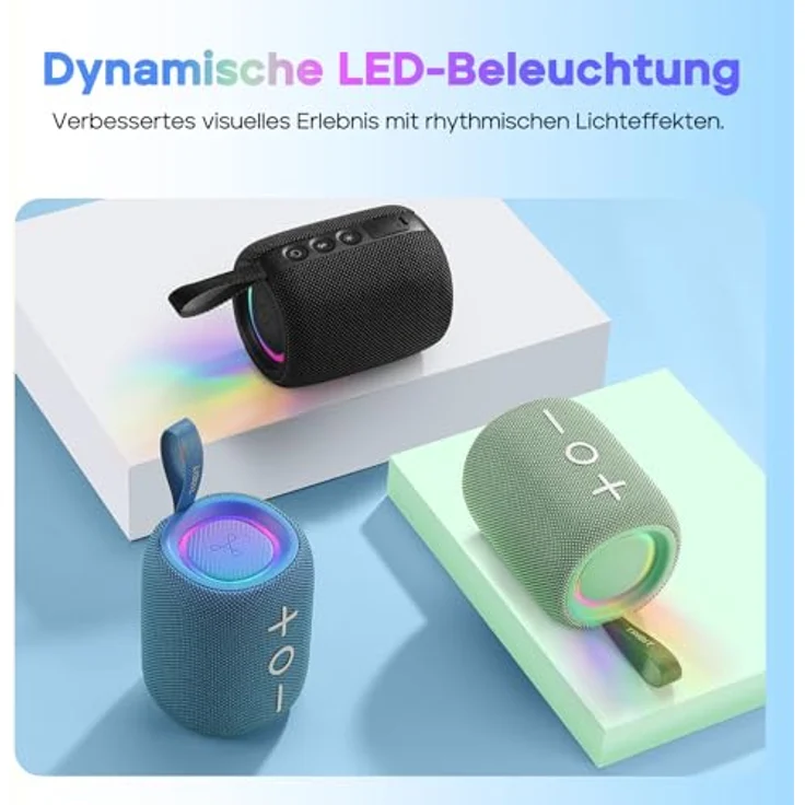 Tribit StormBox Mini+ Bluetooth-Lautsprecher 12W, 360°-Raumklang, 12h Spielzeit, Bluetooth 5.4, IPX7, RGB-Leuchten, TWS Kopplung, tragbar für Zuhause und Outdoor – Bild 5