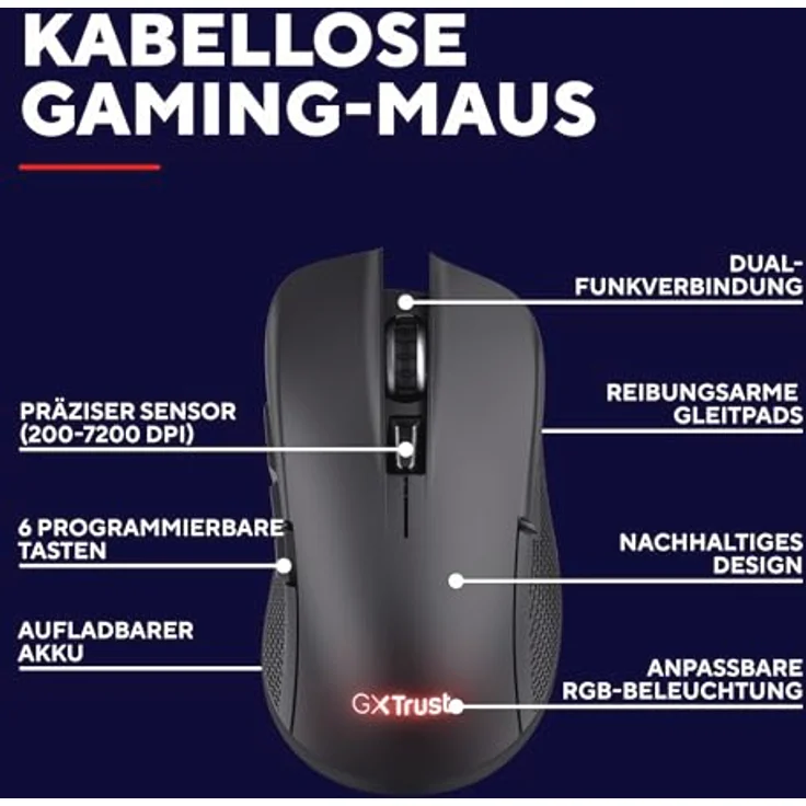 Trust GXT931 YBAR MULTI, Kabellose Gaming-Maus mit 7200 DPI, ergonomisch für Rechtshänder, Schwarz – Bild 2