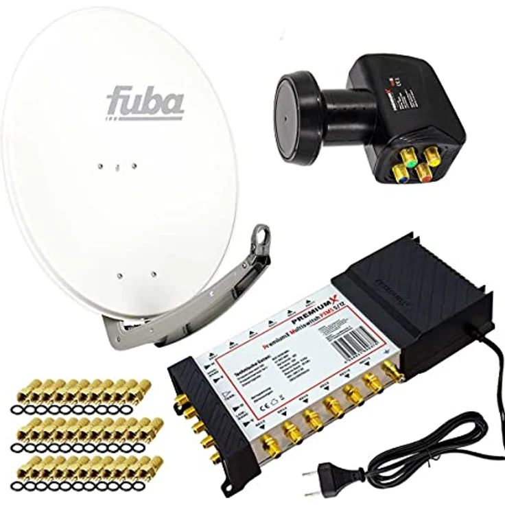 PremiumX Satelliten-Komplettanlage Fuba DAA 780 W, Aluminium Satellitenschüssel in Weiß, 12-fach Multiswitch, Quattro LNB, für 12 Teilnehmer, einschließlich F-Stecker – Bild 1