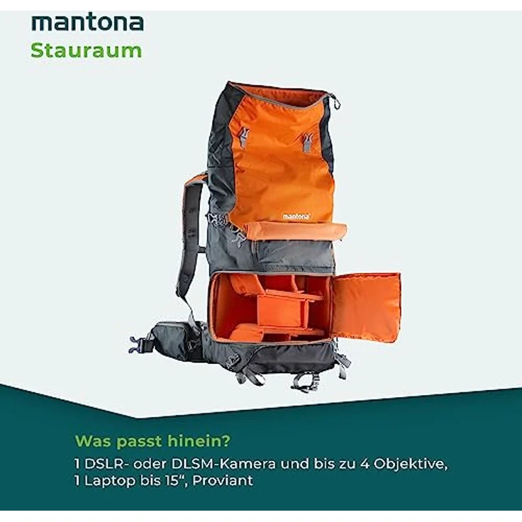 Mantona ElementsPro 50 Outdoor und Kamerarucksack (geeignet für 1 bis 2 Kameras, 4 bis 5 Objektive, Netzteil und Zubehör, Laptop-Fach bis 15 Zoll, aus praktischem Nylon mit Regenschutz) grau-orange – Bild 4