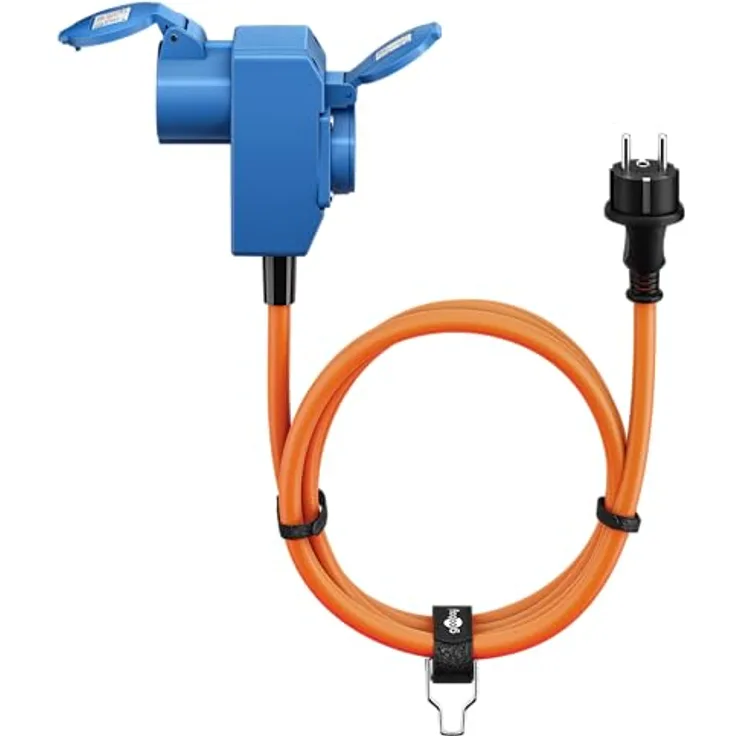 Goobay Camping Adapterleitung 1,5 m, orange, Schukostecker, IP44, öl- und UV-beständig, 2 CEE-Buchsen
