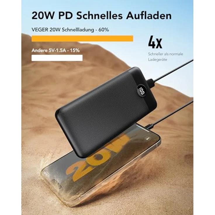VEGER Power Bank 27000mAh 20W PD, USB C Externer Handyakku mit 4 Ausgängen, 2 Eingängen und LED Display, kompatibel mit iPhone, Samsung, Huawei, Tablets, Schwarz – Bild 2