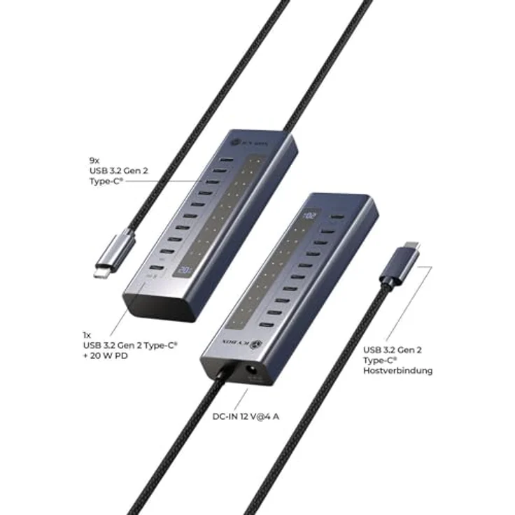 ICY Box IB-HUB1450-C31, 10-Port USB-C Hub mit 9x USB 3.2 Gen 2 (10 Gbit/s), 1x USB-C Power Delivery 20 W, Aluminiumgehäuse, 60 cm Kabel, inkl. Netzadapter – Bild 3