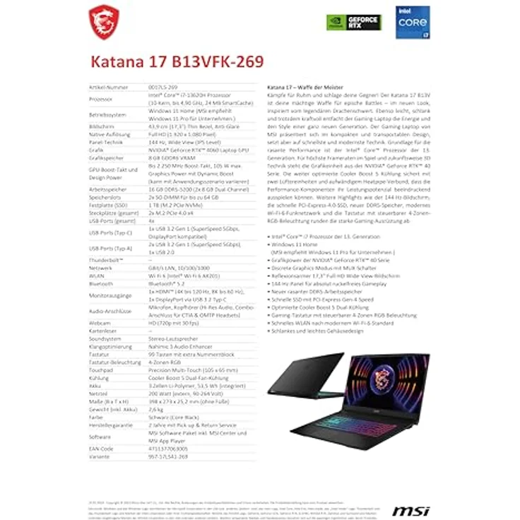 MSI Katana 17 B13VFK-269 Gaming-Laptop, 17,3” Full HD 144 Hz, Intel Core i7-13620H, NVIDIA GeForce RTX 4060, 16GB RAM, 1TB SSD, Schwarz, inkl. 1 Monat GamePass – Bild 5