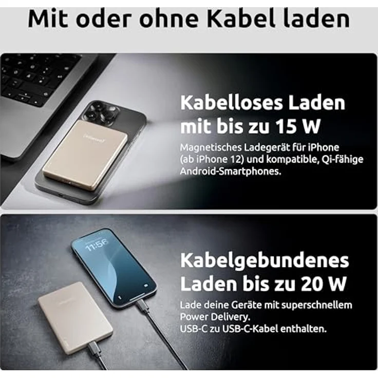 Intenso MW5000 Magnetische Powerbank 5000 mAh, MagSafe kompatibel, Wireless Charging 15W, USB-C PD 20W, flach & kompakt, geprüft in Deutschland, Champagner – Bild 2