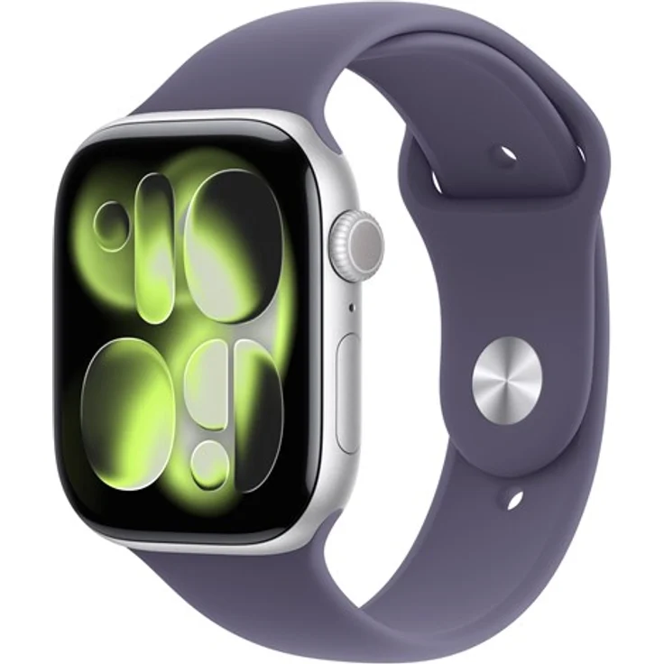 Apple Watch Series 11, GPS Smartwatch mit 46mm Silber Aluminium Gehäuse und Purple Fog Sportband - M/L, Schlaf-Score-Funktion, 24 Stunden Akkulaufzeit, kratzfestes Glas