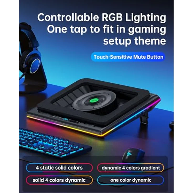 llano RGB Gaming Laptop Kühler Kühlpad mit stufenloser Touch-Bedienung, 3-Port USB Hub und leistungsstarkem Turbo-Lüfter für 15-19'' Notebooks – Bild 3