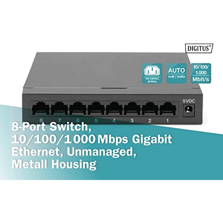 DIGITUS 8-Port Gigabit Switch, Desktop, Unmanaged, Metallgehäuse, 8 Port RJ 45 FE Switch 8 x 10/100 Mbit/s – Bild 4