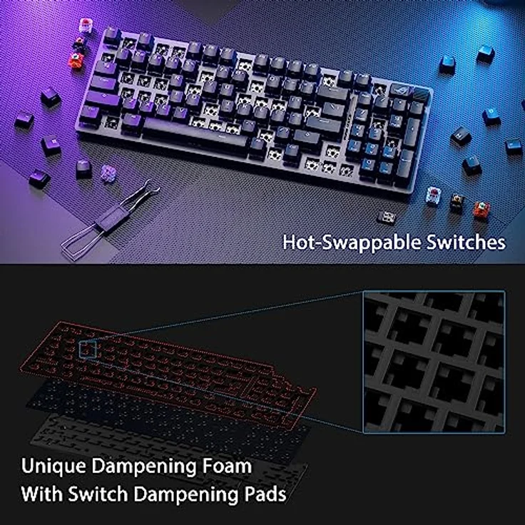 ASUS ROG Strix Scope II 96 Wireless mechanische Gaming Tastatur (ROG NX-Switches, Handballenablage, 4 GHz, Bluetooth, kabelgebunden, ROG Omni-Empfänger, Aura Sync RGB-Beleuchtung, DE QWERTZ-Layout) – Bild 4
