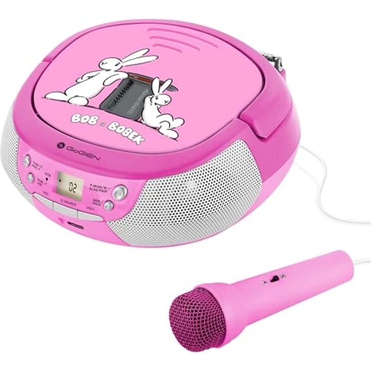 GoGEN Bob und Bobek Kompaktanlage, rosa, mit FM-Tuner, Bluetooth, USB- und AUX-Eingang, Karaoke-Funktion, inkl. Mikrofon