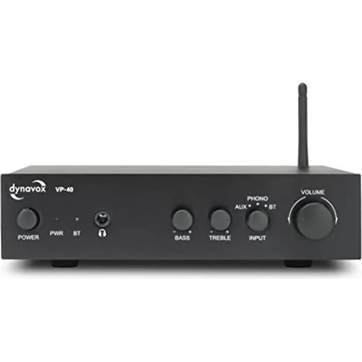 Dynavox VP-40 Stereo-Verstärker, kompakter HiFi-Verstärker mit Phono-Eingang für Plattenspieler, BT-Streaming, Bass-und Höhenregelung, Kopfhöreranschluss, schwarz