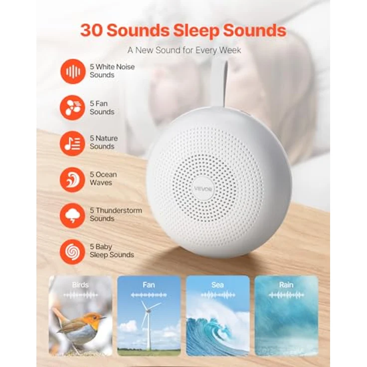 VEVOR Einschlafhilfe, White Noise Machine, 30 Musiktitel, 3-in-1-Soundmaschine mit automatischer Abschaltfunktion, sanftem Ringlicht und Speicherfunktion, Rauschgerät – Bild 2