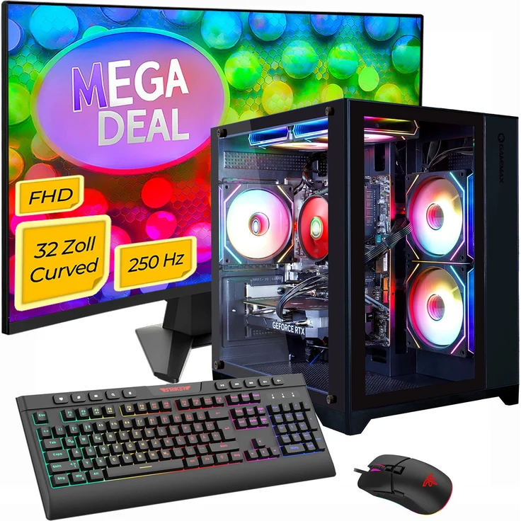 GameMax MegaDeal Infinity Mini BK MPO SET2741, Desktop-PC mit Ryzen 7 5700X, 16GB RAM, 480GB SSD, GeForce RTX 5060 & MSI MAG 32C6X Curved Monitor 80cm (32"), schwarz, inkl. Maus & Tastatur
