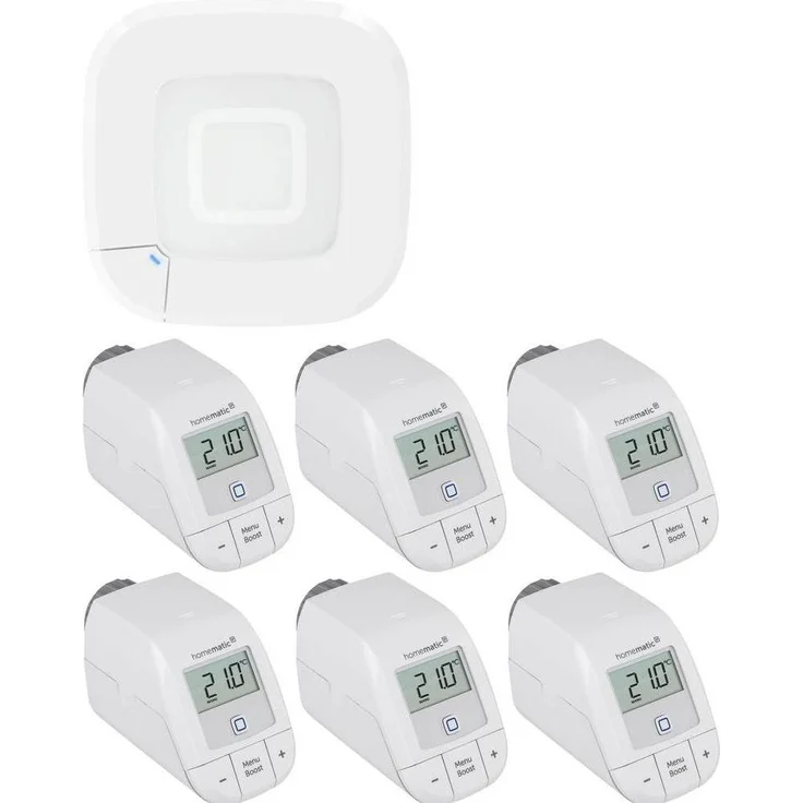 Homematic IP Set, Funk Access Point 2 mit 6x Heizkörperthermostat – basic, Smart Home Hub, Weiss