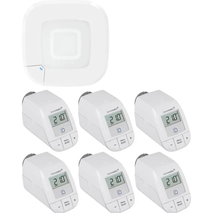 Homematic IP Set, Funk Access Point 2 mit 6x Heizkörperthermostat – basic, Smart Home Hub, Weiss