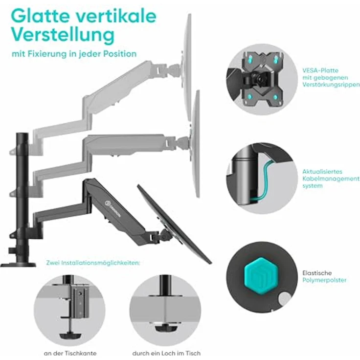 ONKRON G140-B Monitor-Halterung für 2 Monitore 13-32 Zoll, neigbar, schwenkbar, drehbar, Gasdruckfeder, VESA 75x75-100x100, Kabelmanagement, bis 8 kg pro Arm – Bild 5