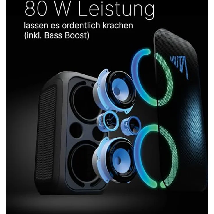TechniSat LAUTA WUMMSBOX - Tragbarer Premium Bluetooth Lautsprecher mit LED-Lichteffekten, Bass Boost, True Wireless Stereo, 12 Stunden Akkulaufzeit, IPX4 Spritzwasserschutz, 80W RMS Leistung – Bild 2