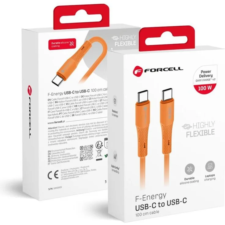 Forcell USB C Kabel C347, 100W PD 5A Schnellladekabel aus Silikon, 1m, Orange, QC4.0