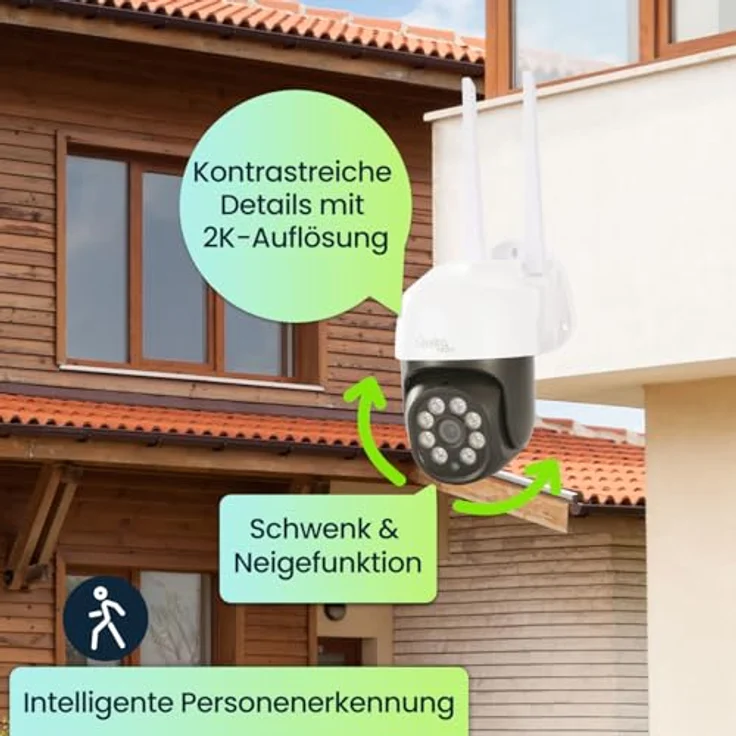 Casativo WLAN Outdoor Überwachungskamera 2K, IP66 wetterfest, Pan-Tilt, intelligente Personenerkennung, Nachtsicht in Farbe, 95 dB Sirene – Bild 2