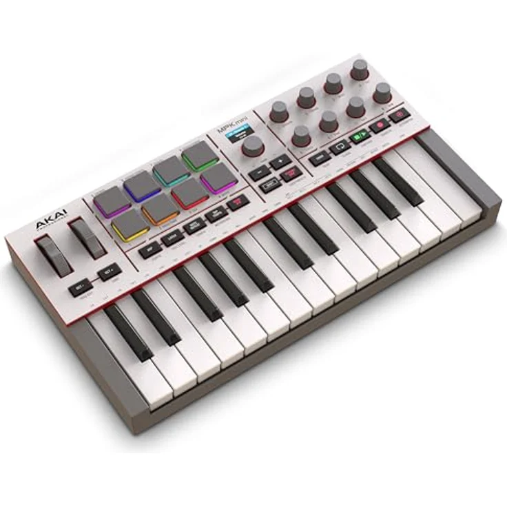 Akai Professional MPK Mini IV, USB-C MIDI Keyboard Controller mit 25 anschlagdynamischen Tasten, MPC Drum Pads, 1000+ Sounds und DAW-Integration, Grau – Bild 1