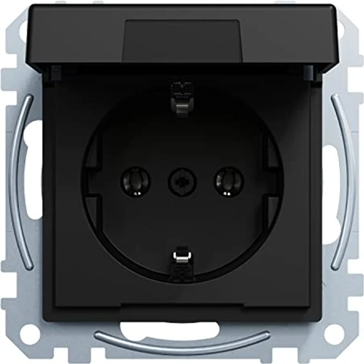 Merten - SCHUKO-Steckdose mit Klappdeckel, Steckklemmen, Schwarz Matt, System M, MEG2311-0403, Schutzkontaktsteckdose – Bild 2
