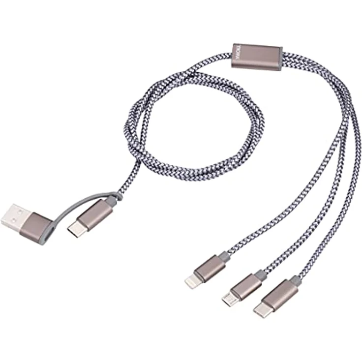 TROIKA Ladekabel 3 in 1, USB-C auf Micro-USB/Lightning/USB-C, 1 Meter, grau, Schlüsselanhänger für gleichzeitiges Laden von bis zu 3 Geräten – Bild 1