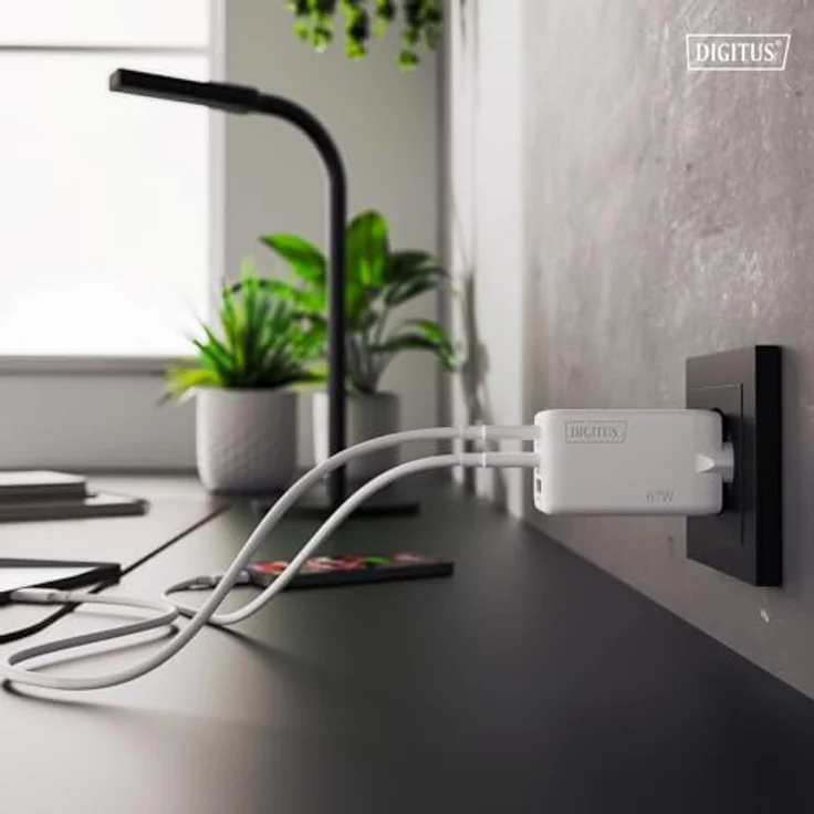 DIGITUS USB-Ladegerät GaN II, 3-Port Schnellladegerät mit 2x USB-C und 1x USB-A, bis zu 67W, geeignet für Laptop, Handy, Tablet, Smartwatch, Kopfhörer, Powerbank, Weiß – Bild 3