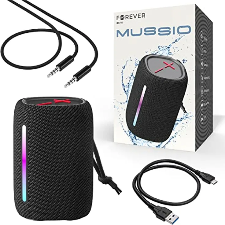 FOREVER Bluetooth Lautsprecher LED 10W, kabelloser, Lautsprecher, Wasserdichter IPX6, Tragbarer, Bluetooth 5.0, 360° TWS Stereo Sound bis zu 5 Stunden Kabellos Musik Abspielen, Eingebautes Mikrofon