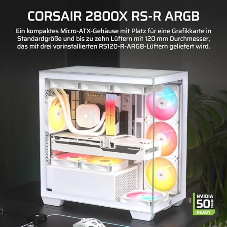 CORSAIR 2800X RS-R Micro-ATX-PC-Gehäuse mit 3 x 120-mm-ARGB-Rückwärtslüftern und gehärtetem Glas, Weiß – Bild 2