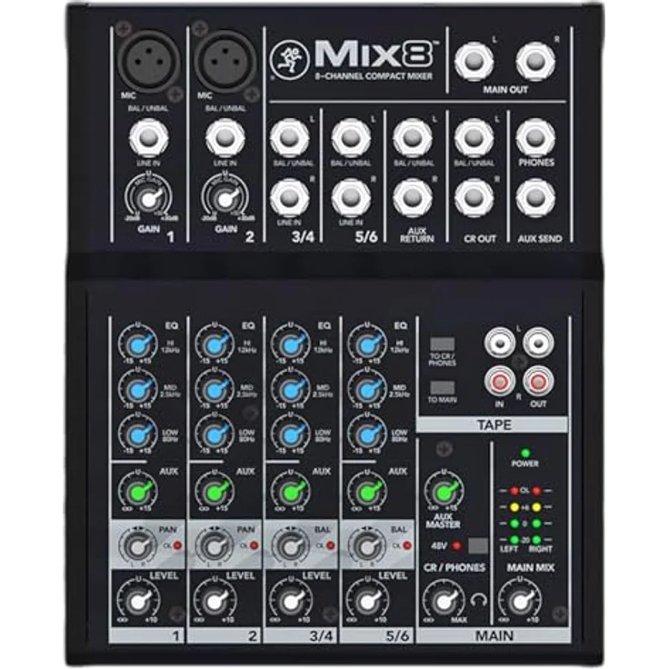 Mackie Mix8, kompakter 8-Kanal Analog-Mixer mit 3-Band EQ und keepdrum XLR-Kabel, schwarz – Bild 2