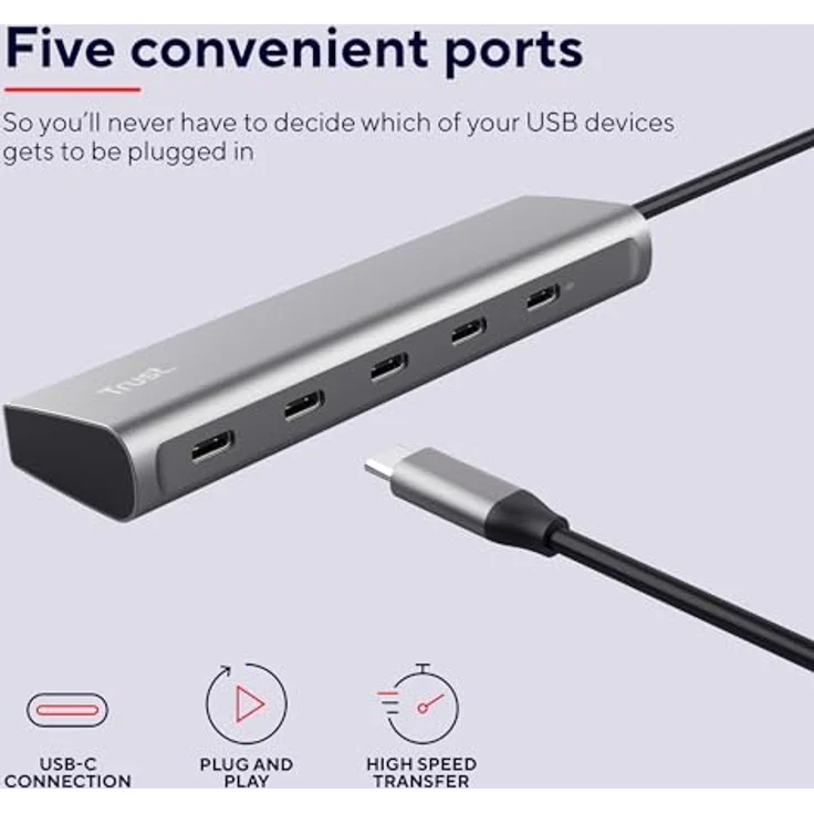 Trust Halyx 5 Port USB-C Hub, 4X USB-C und 100W USB-C PD Stromanschluss, USB Verteiler, USB Mehrfachstecker, 5Gbps USB C Adapter Datenhub für MacBook Pro/Air, Laptop, Notebook, PC - Silber – Bild 2