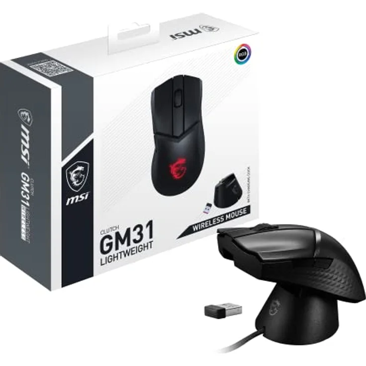 MSI Clutch GM31 Lightweight Wireless Gaming Mouse - 12.000 DPI Optischer Sensor, Rechtshänder, 60M+ Click OMRON Schalter, 6 Tasten, 110Std-Akku, Ladestation, 1ms Latenz, RGB, 73g - Kabellos/-gebunden – Bild 1