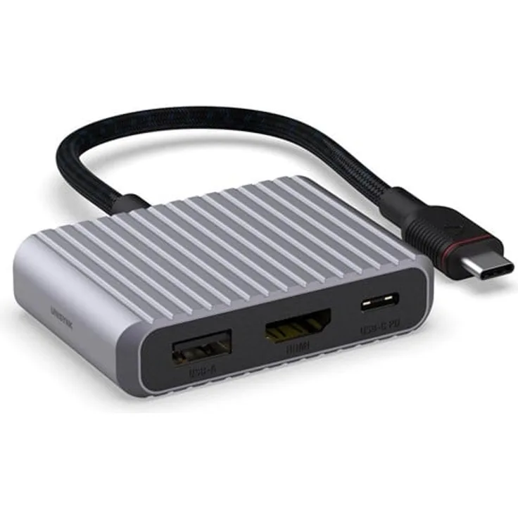 Unisynk 3 Port USB-C Hub V2, Dockingstation mit 4K 60Hz und 100W Power Delivery, grau