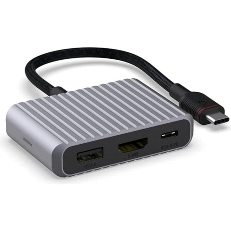 Unisynk 3 Port USB-C Hub V2, Dockingstation mit 4K 60Hz und 100W Power Delivery, grau
