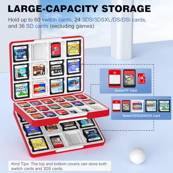 MoKo 60 Slots Spiel Aufbewahrungsbox für Switch 2 / Switch OLED / 3DS / 3DSXL, mit 24 3DS und 36 SD Karten Slots, Rot Ball, sicherer Magnetverschluss und stoßfester Hartschale – Bild 2