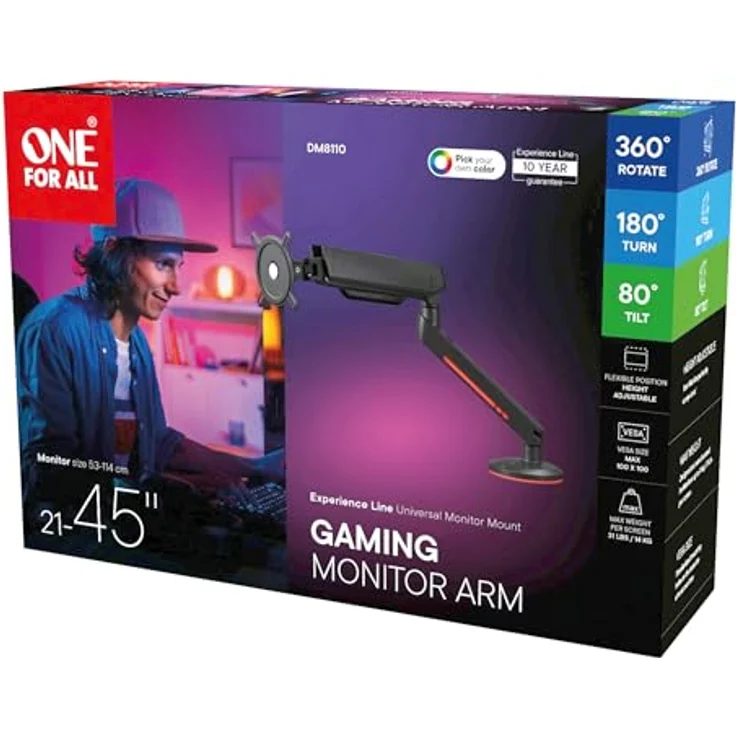 One for All Monitor Halterung Experience RGB Single, 360° drehbar und 180° schwenkbar für Monitore bis 45'', Schwarz – Bild 10