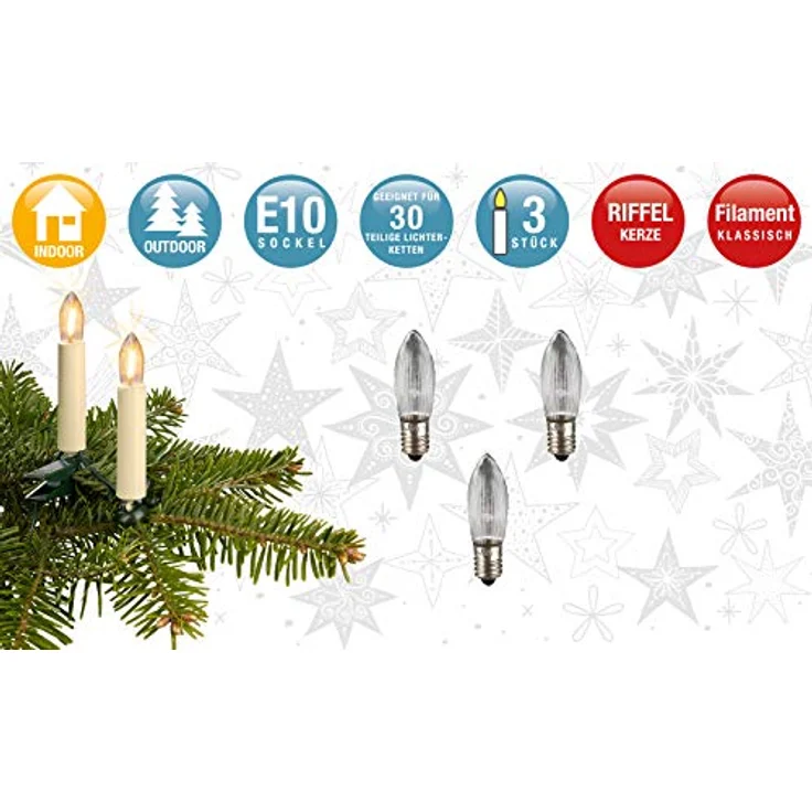Hellum Ersatz-Kerzen für Schwibbogen, 3 Stück 8V 3W Riffelkerze für Weihnachtsbaum Kerzen Lichterketten innen mit 30 Brennstellen, Birnen für Lichterbogen E10/ 8V/ 3W/ 22Lumen 911138 – Bild 2