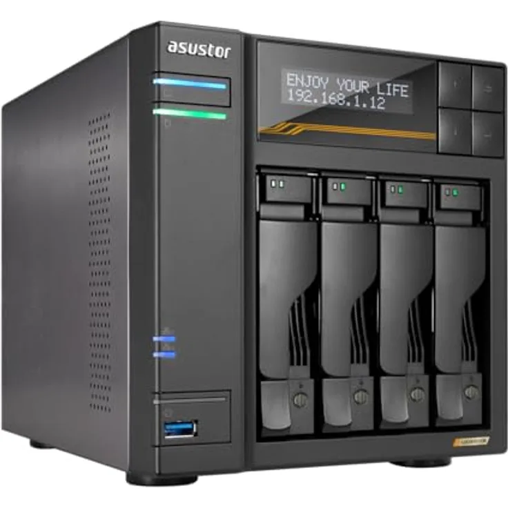 Asustor Lockerstor 4 Gen3 AS6804T, 4 Bay NAS Netzwerkspeicher, AMD Ryzen Quad-Core 2.3 GHz, 16GB RAM ECC DDR5, 4 M.2 NVMe Slots, Dual 5GbE & Dual 10GbE Port, USB 4.0 Type-C, Network Attached Storage