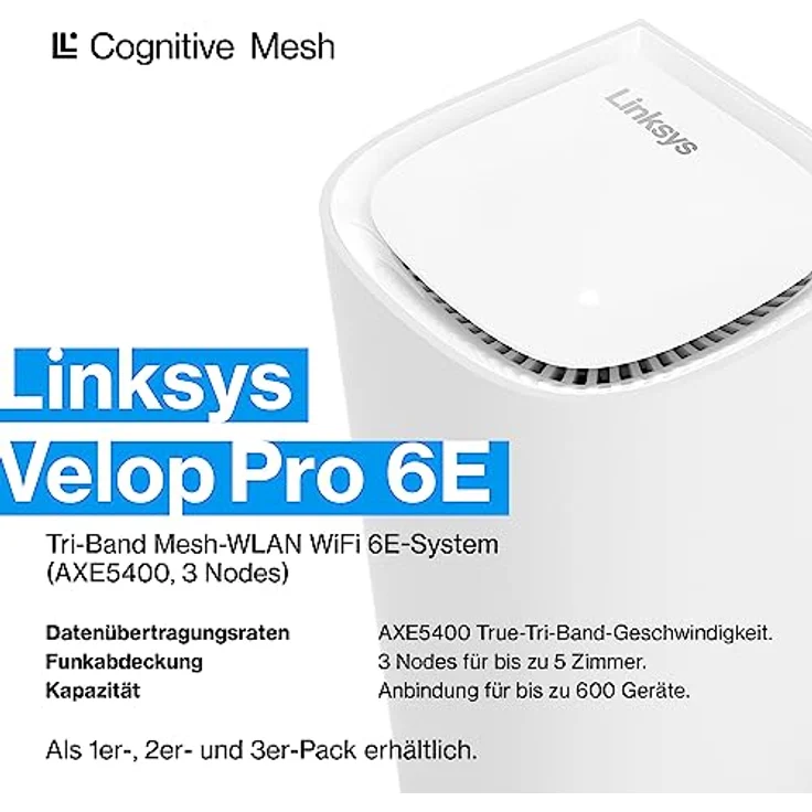 Linksys Velop Pro WiFi 6E Mesh-System MX6203-KE – Cognitive Mesh-Router mit 6-GHz-Band-Zugriff und 5,4 Gbit/s – Mesh-Abdeckung für bis zu 825 m² und 600 Geräte – 3er-Pack – Bild 3