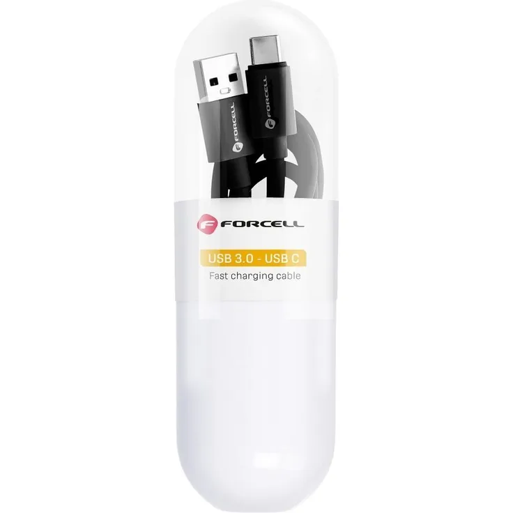 Forcell USB-C 3.0 Kabel, QC3.0 3A, 1 Meter, schwarz, in kompakter Tube
