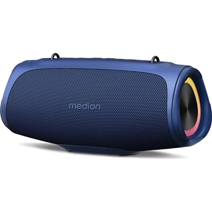 MEDION P61746 tragbarer Bluetooth Lautsprecher (Akku, Bass Boost, RGB Lichteffekte, IPX7 Wasserschutz & robust, integrierte Powerbank, 2X 15 W RMS) Blau – Bild 1